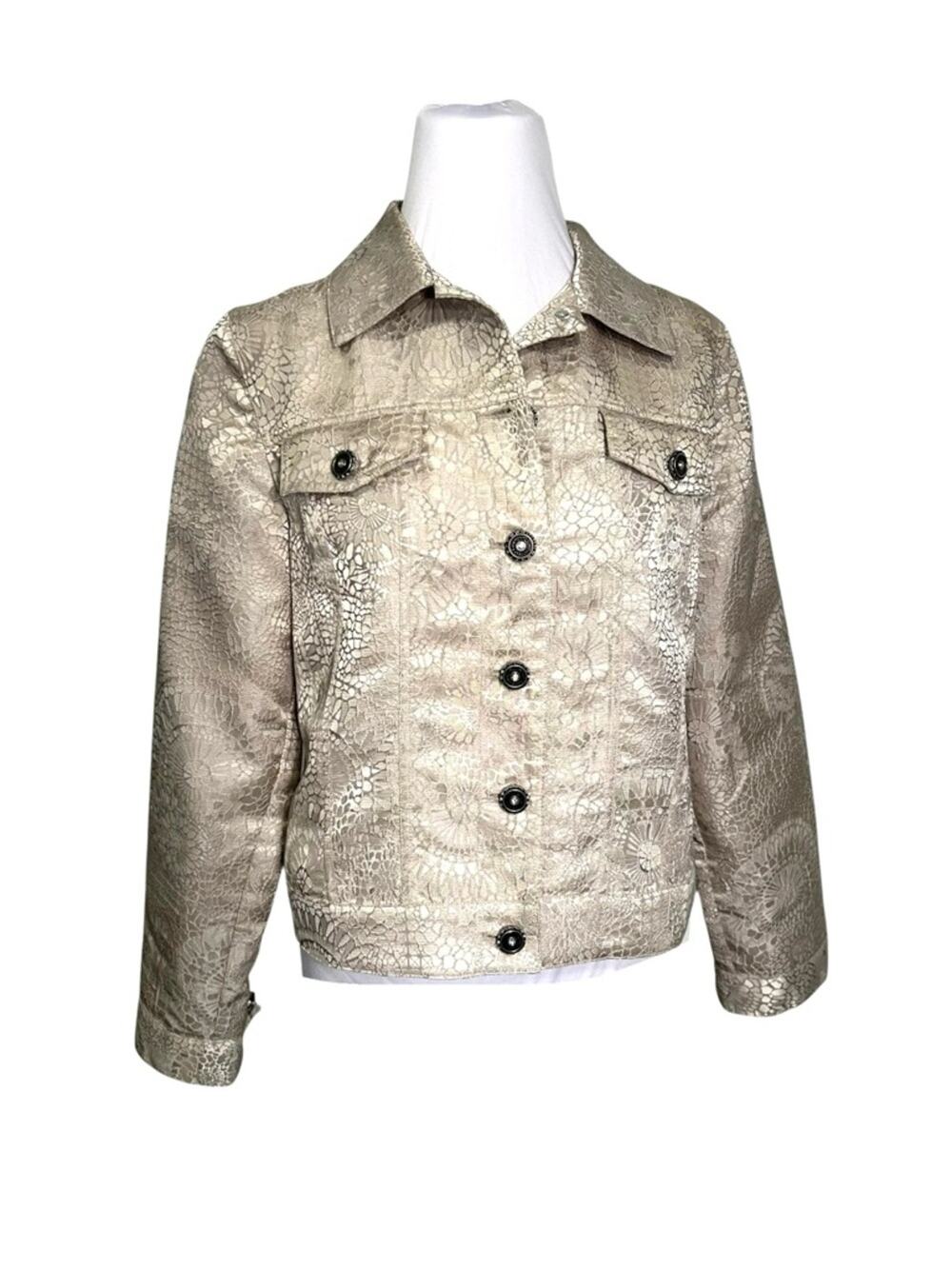 Chico's Metallic Gold Floral Jacquard Button-Up Jacket Size S (Chico's SZ 0)